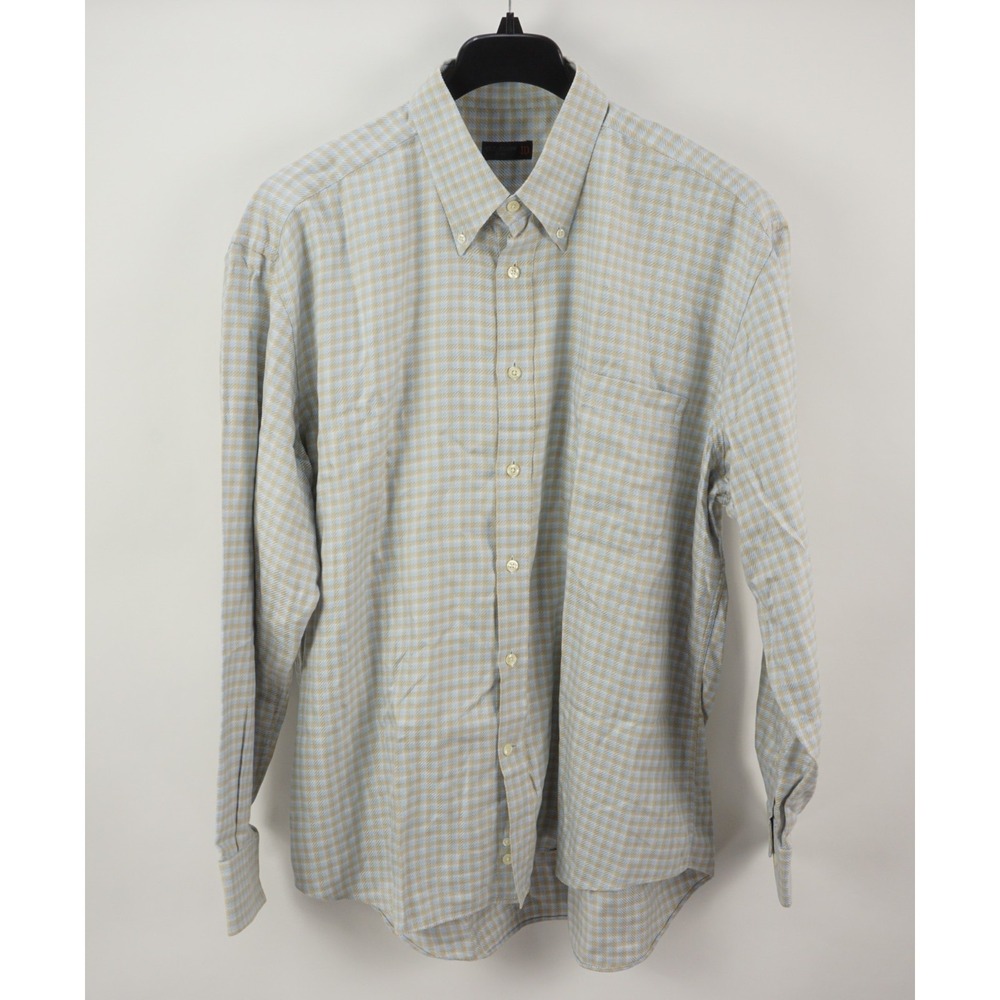 Corneliani Italy Textured Twill Tan Blue Check Button Up‎ Shirt Men's 2XL Cotton